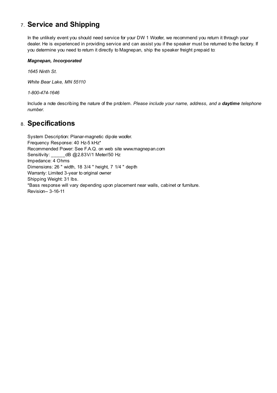 Service and shipping, Specifications | Magnepan DW1 User Manual | Page 5 / 5