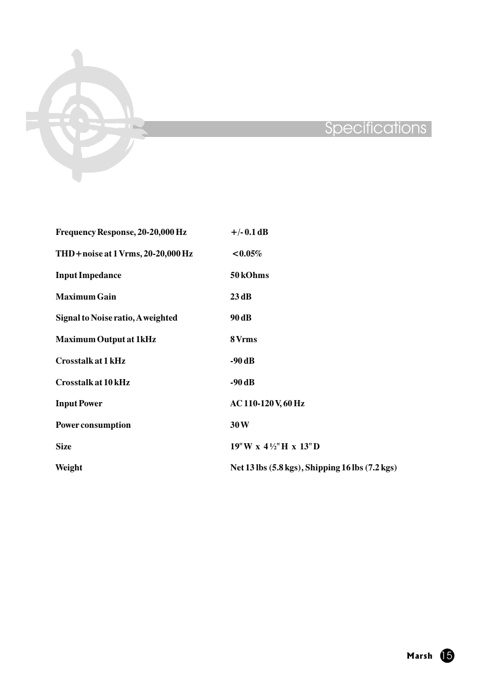 Specifications | Marsh Sound Design P2000-T Hybrid-Tube Line Amplifier User Manual | Page 15 / 20