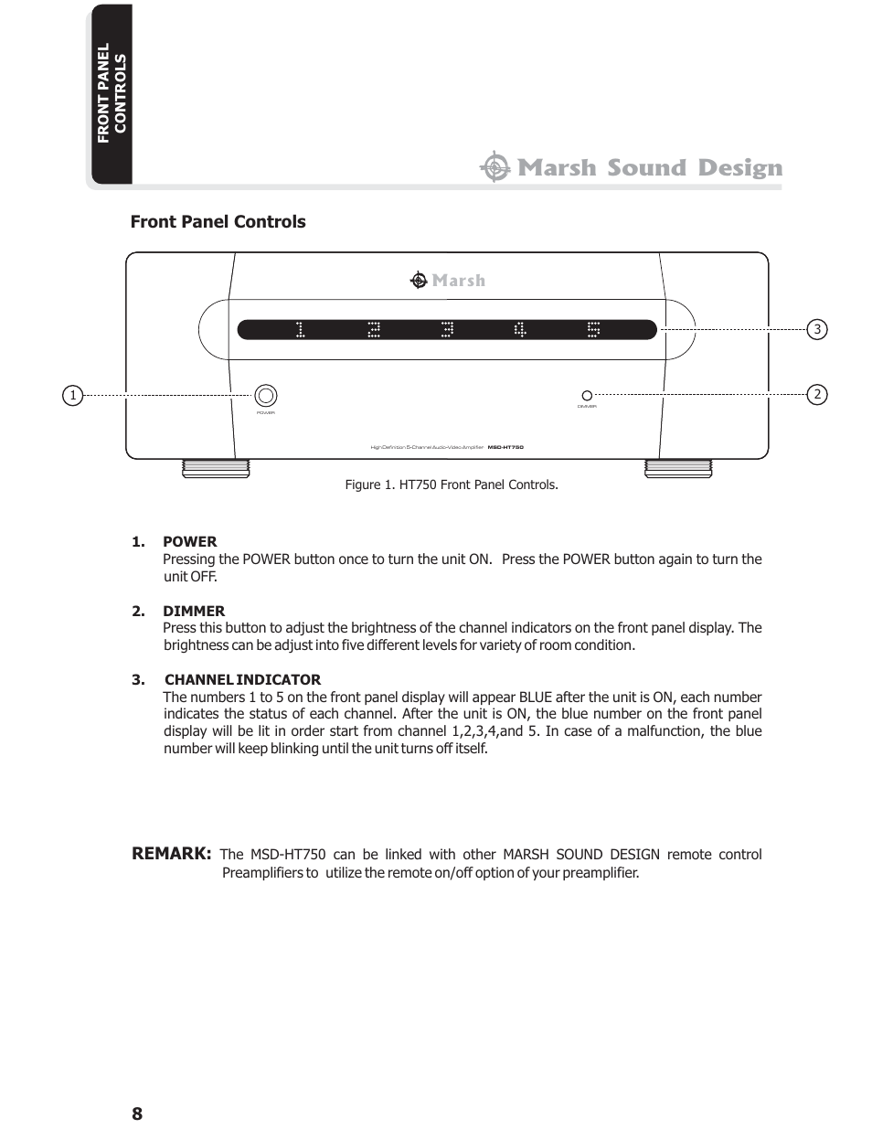 Marsh sound design, Remark, Front panel controls | Marsh Sound Design HT 750,3 Channel Power Amplifier User Manual | Page 8 / 16