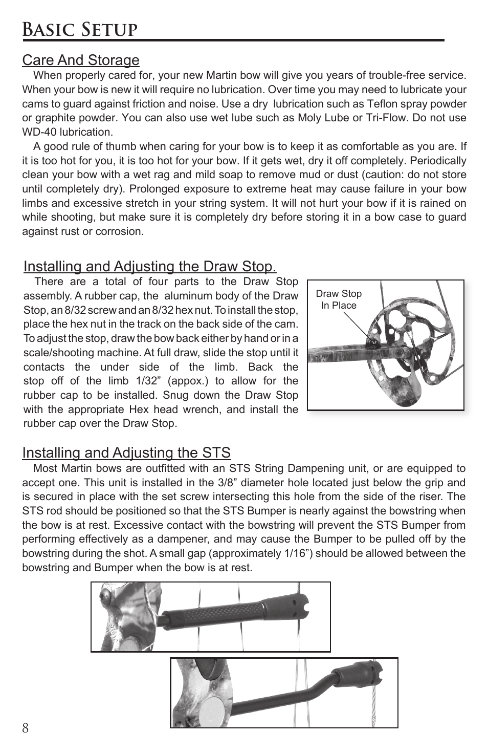 Basic setup, Care and storage, Installing and adjusting the draw stop | Installing and adjusting the sts | Martin Archery Martin Compound User Manual | Page 8 / 16