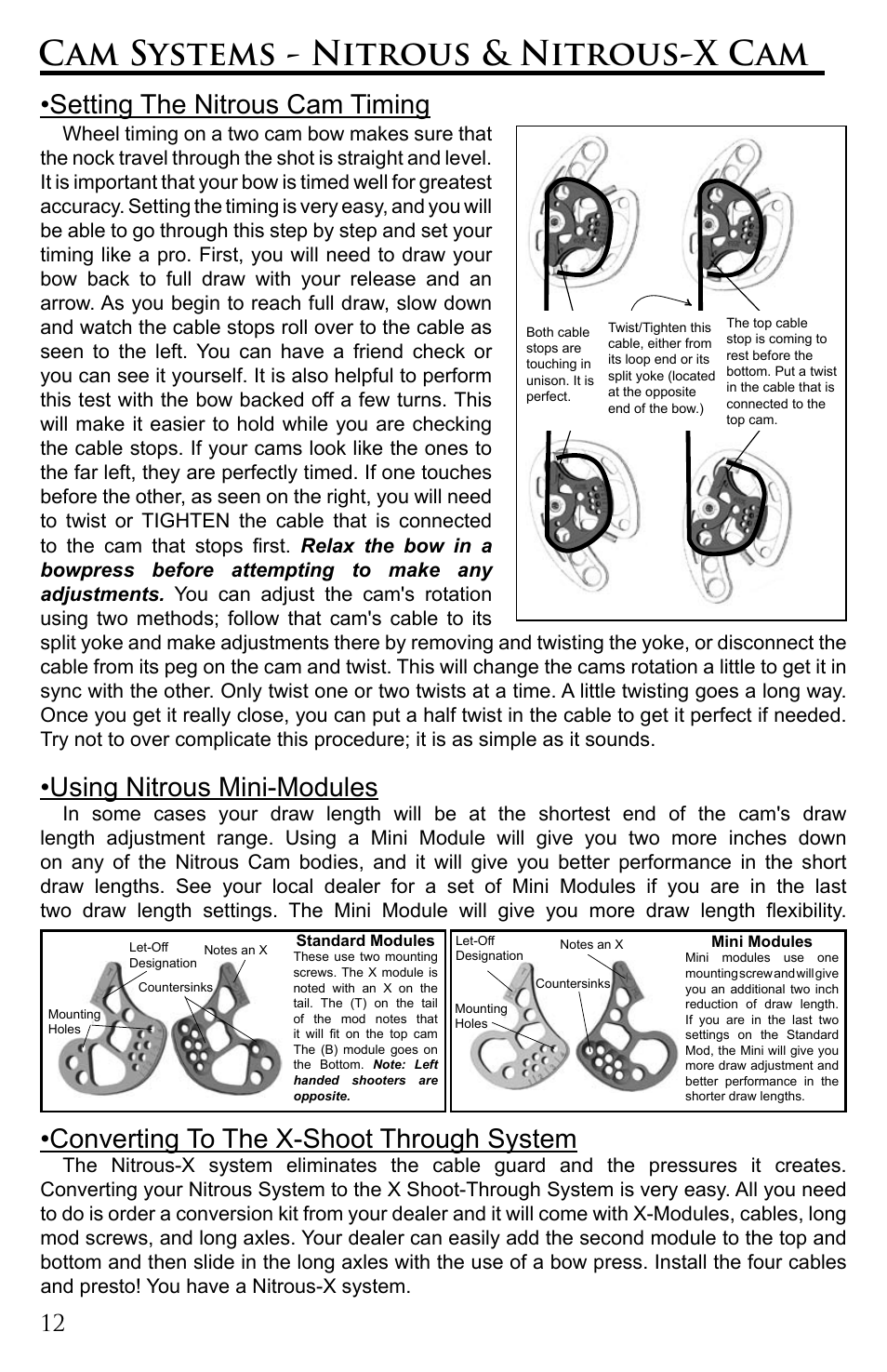 Cam systems - nitrous & nitrous-x cam, Setting the nitrous cam timing, Using nitrous mini-modules | Converting to the x-shoot through system | Martin Archery Bow User Manual | Page 12 / 24