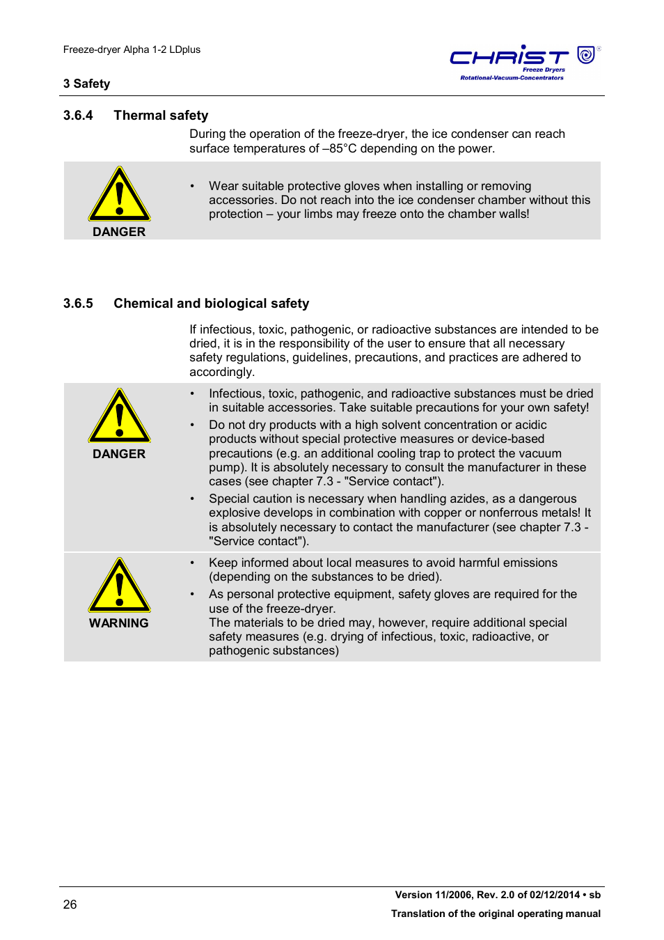 4 thermal safety, 5 chemical and biological safety | Martin Christ Alpha 1-2 LDplus User Manual | Page 26 / 96