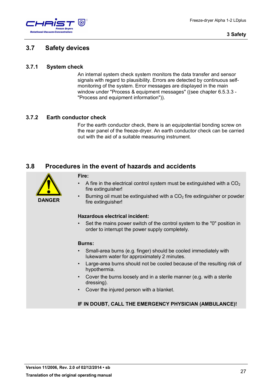 7 safety devices, 8 procedures in the event of hazards and accidents, 1 system check | 2 earth conductor check | Martin Christ Alpha 1-2 LDplus User Manual | Page 27 / 96