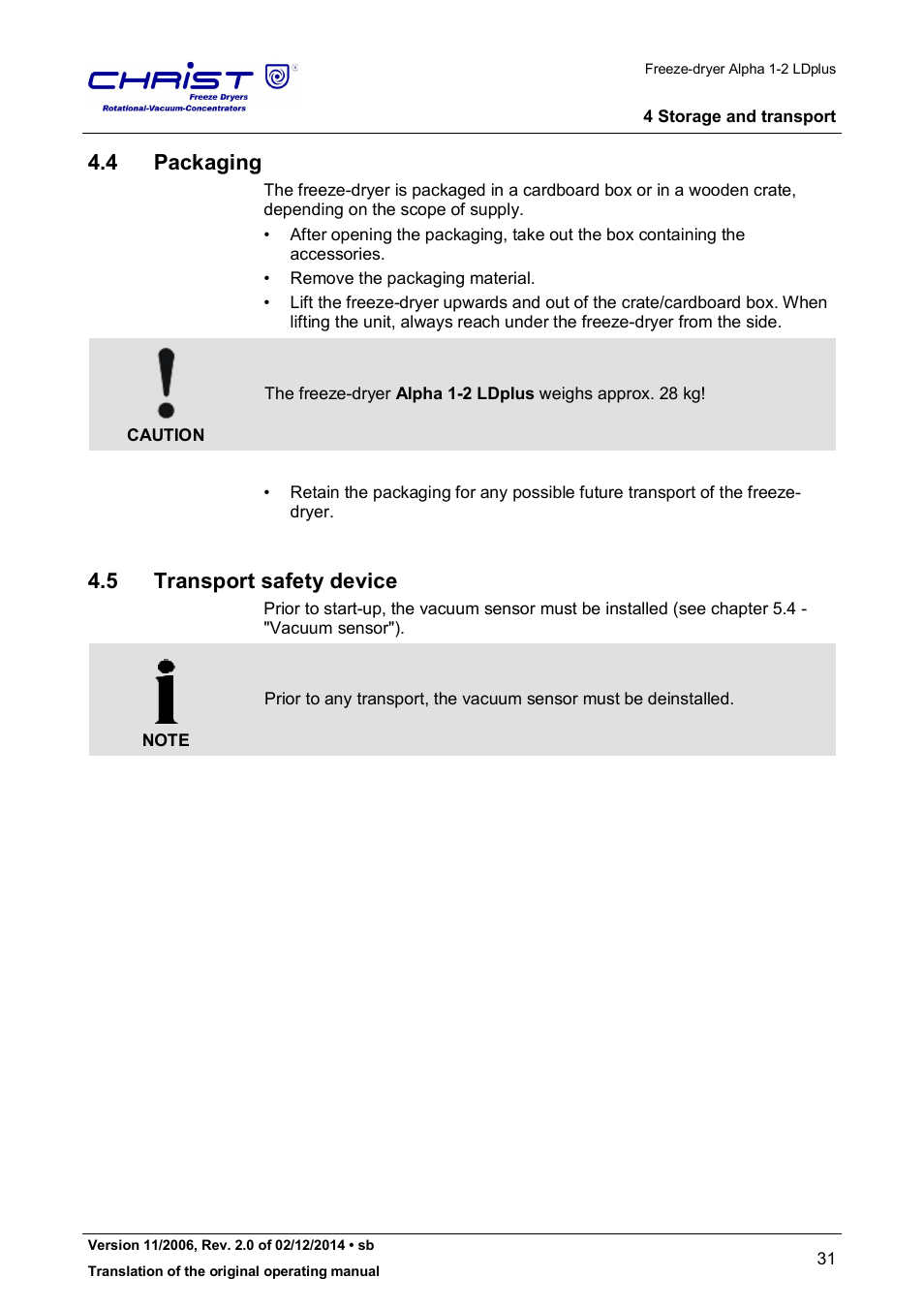 4 packaging, 5 transport safety device | Martin Christ Alpha 1-2 LDplus User Manual | Page 31 / 96