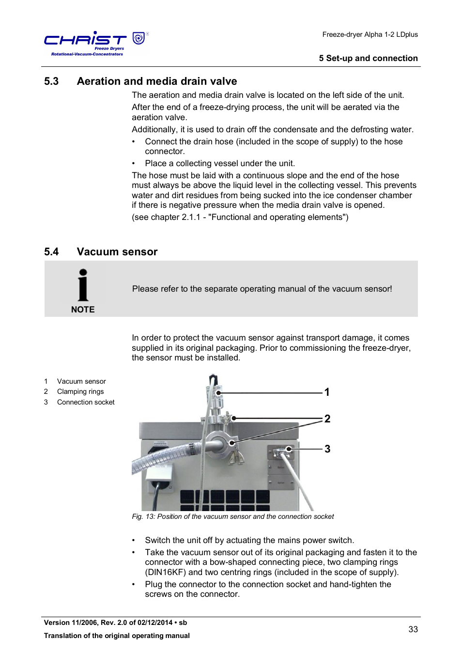 3 aeration and media drain valve, 4 vacuum sensor | Martin Christ Alpha 1-2 LDplus User Manual | Page 33 / 96