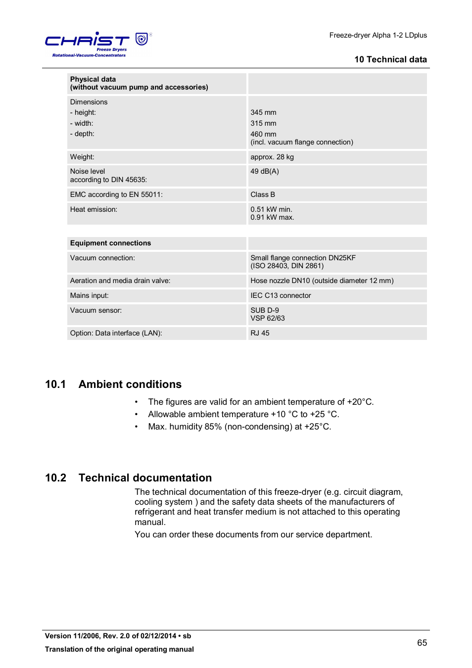 1 ambient conditions, 2 technical documentation | Martin Christ Alpha 1-2 LDplus User Manual | Page 65 / 96
