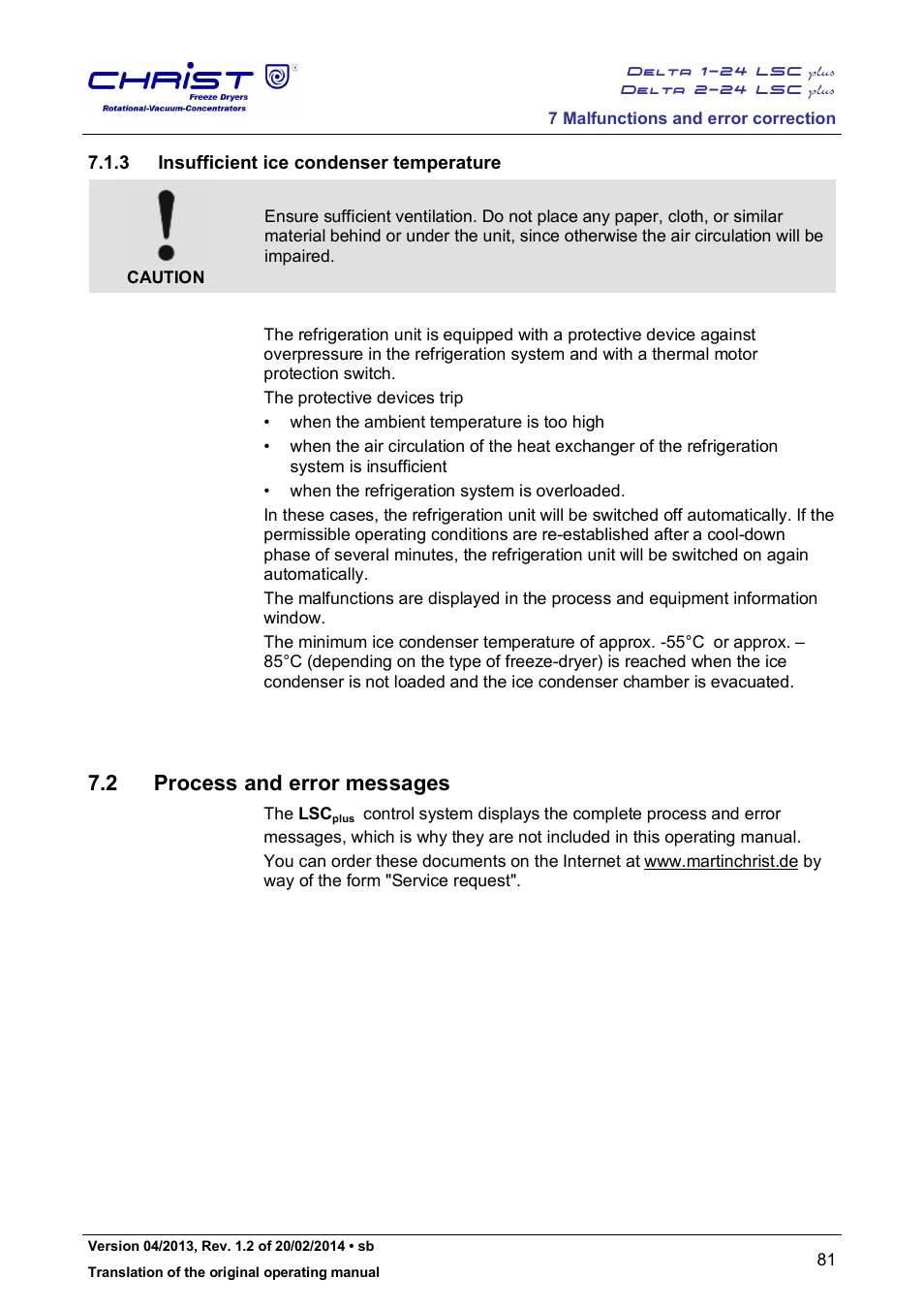 2 process and error messages, 3 insufficient ice condenser temperature | Martin Christ Delta 2-24 LSCplus User Manual | Page 81 / 127