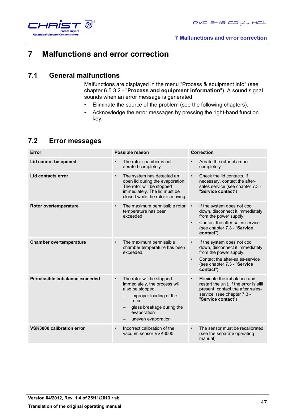 7 malfunctions and error correction, 1 general malfunctions, 2 error messages | Martin Christ RVC 2-18 CDplus User Manual | Page 47 / 84