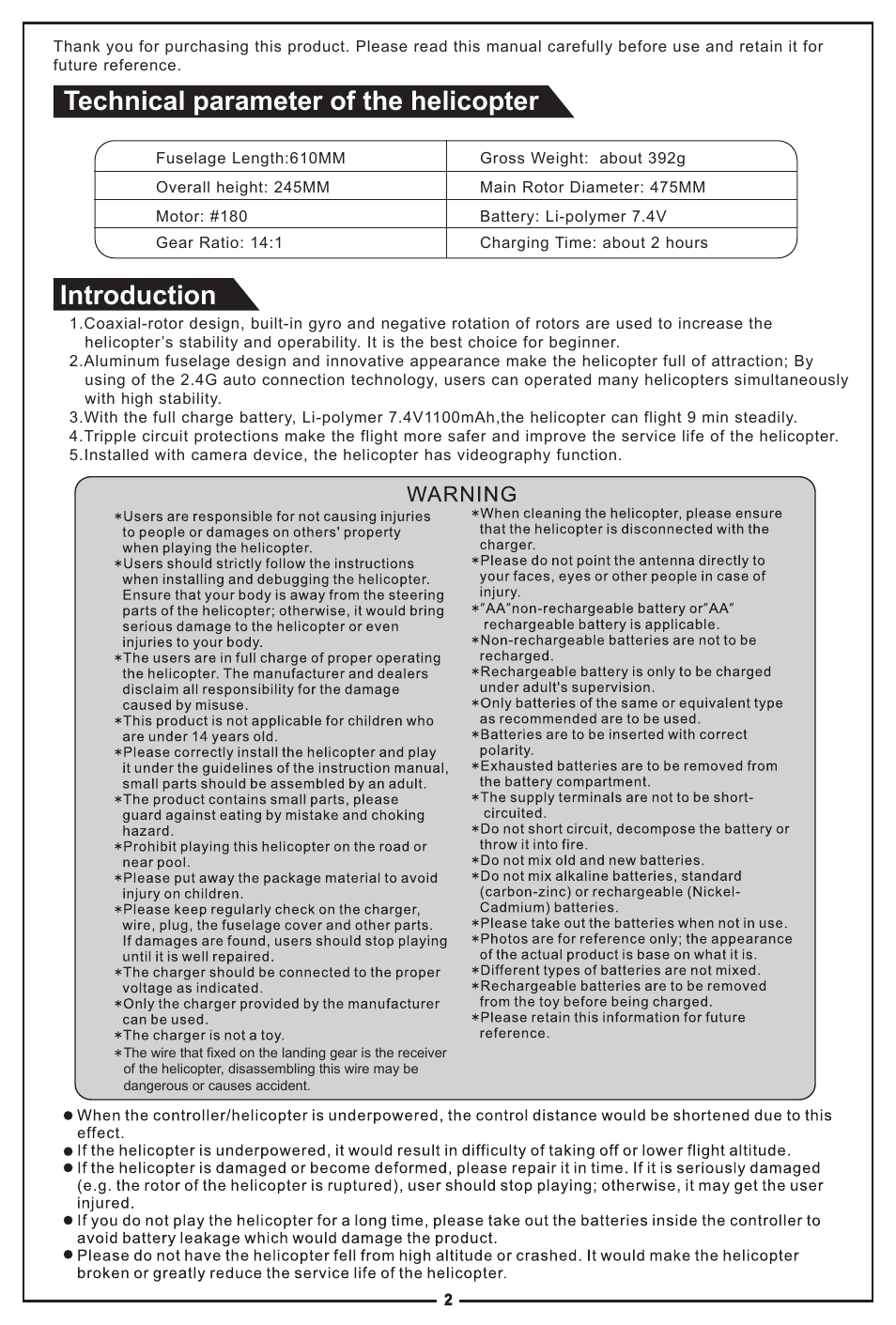 Introduction, Technical parameter of the helicopter | Meijiaxin Toys T43 User Manual | Page 2 / 7