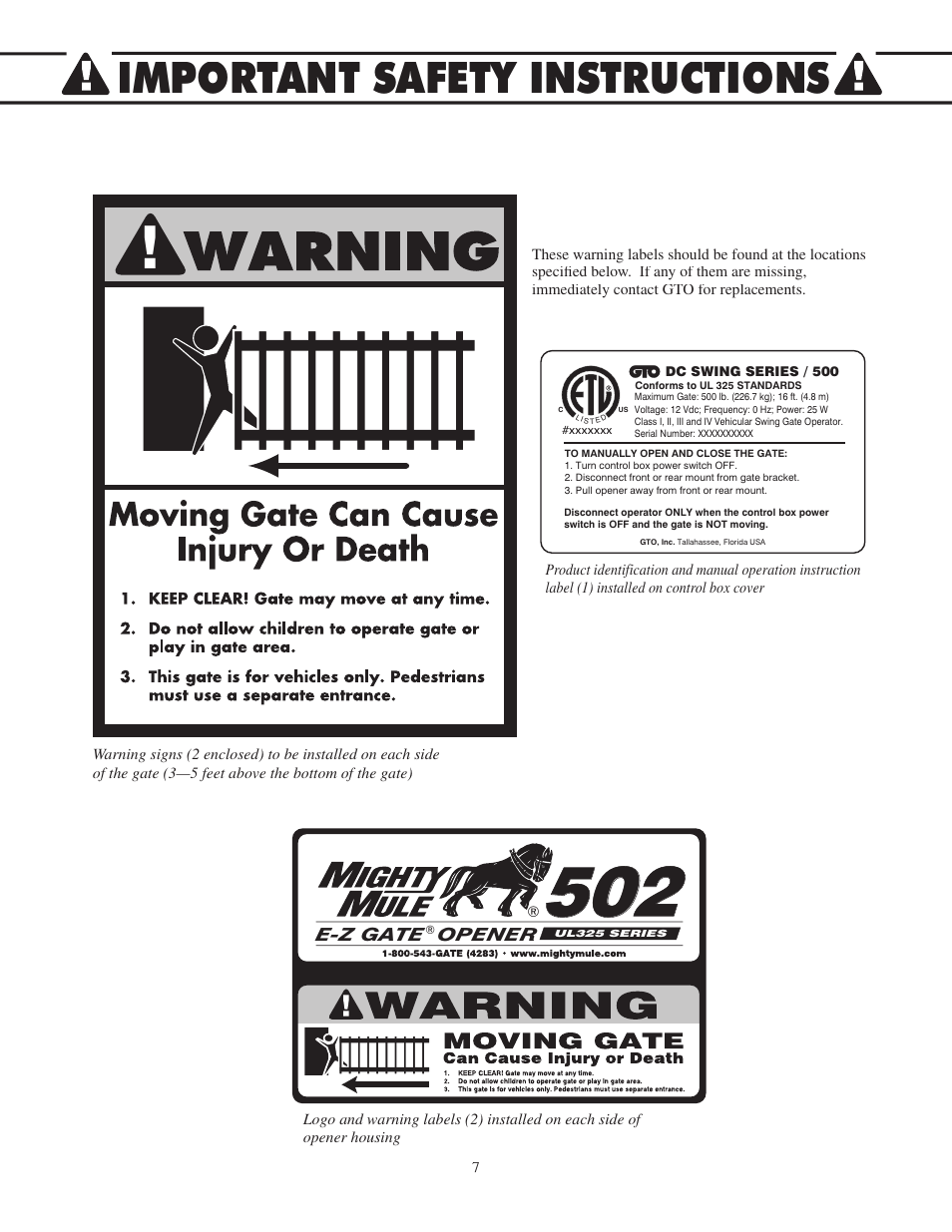 Important safety instructions | Mighty Mule FM502 Green Board User Manual | Page 11 / 44