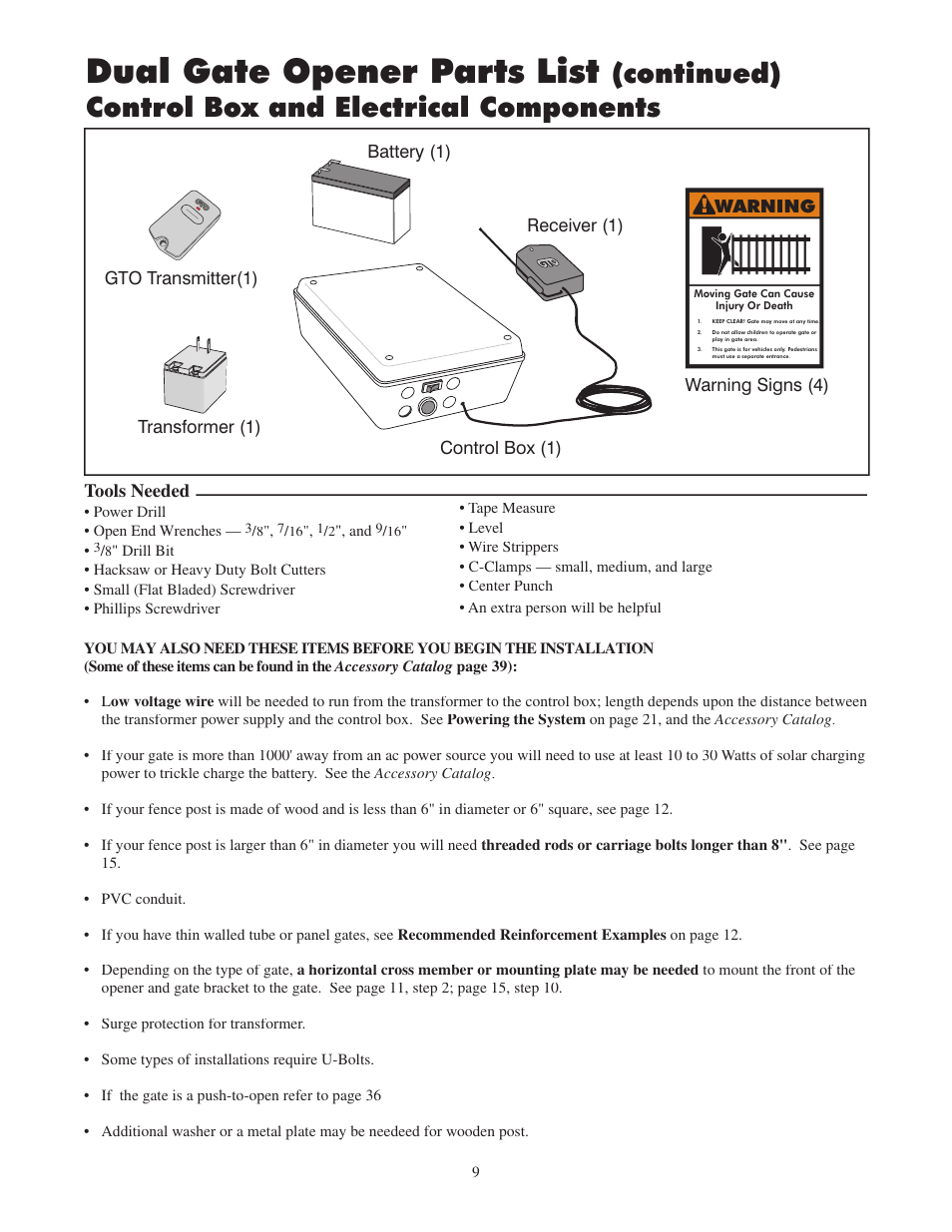 Dual gate opener parts list, Continued) control box and electrical components, Tools needed | Warning, Receiver (1) | Mighty Mule FM502 Green Board User Manual | Page 13 / 44