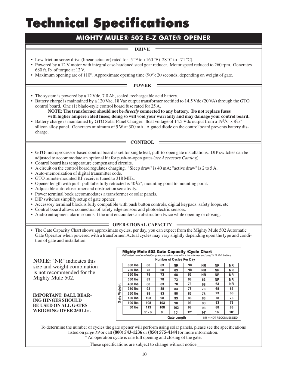 Technical speciﬁ cations, Mighty mule® 502 e-z gate® opener | Mighty Mule FM502 Green Board User Manual | Page 14 / 44