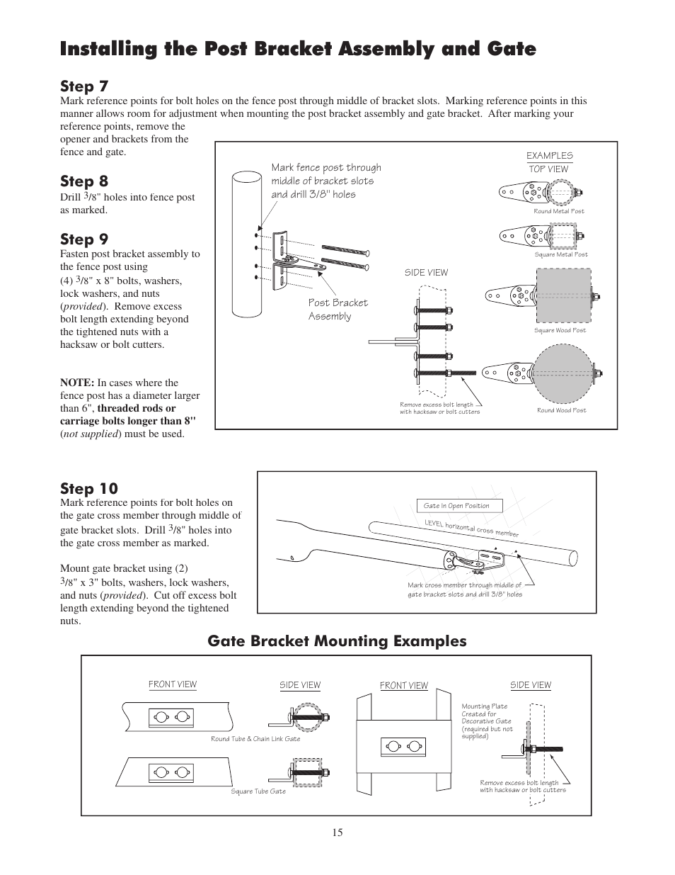 Installing the post bracket assembly and gate, Step 7, Step 8 | Step 9, Step 10, Gate bracket mounting examples | Mighty Mule FM502 Green Board User Manual | Page 19 / 44