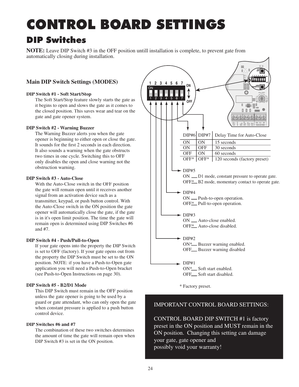 Control board settings, Dip switches | Mighty Mule FM502 Green Board User Manual | Page 28 / 44
