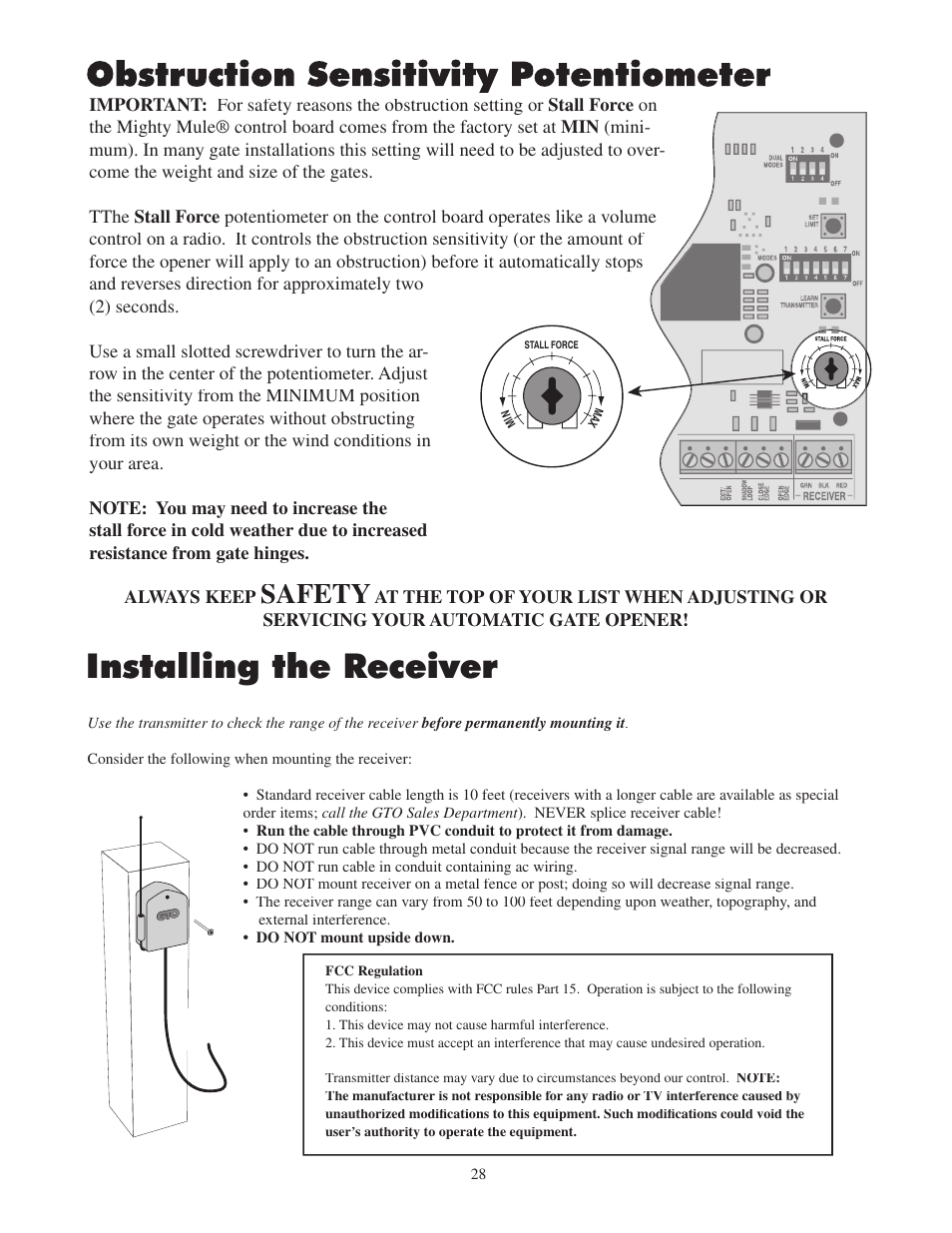 Installing the receiver, Safety | Mighty Mule FM502 Green Board User Manual | Page 32 / 44