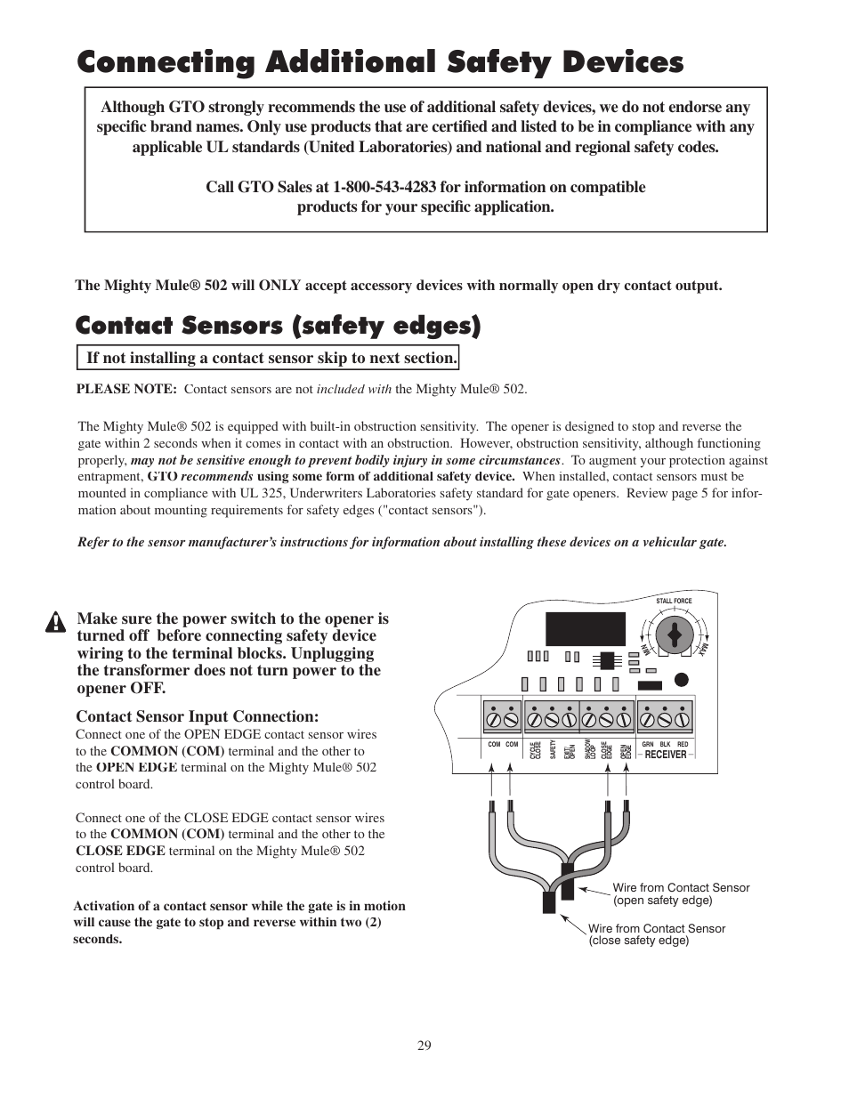 Connecting additional safety devices, Contact sensors (safety edges) | Mighty Mule FM502 Green Board User Manual | Page 33 / 44