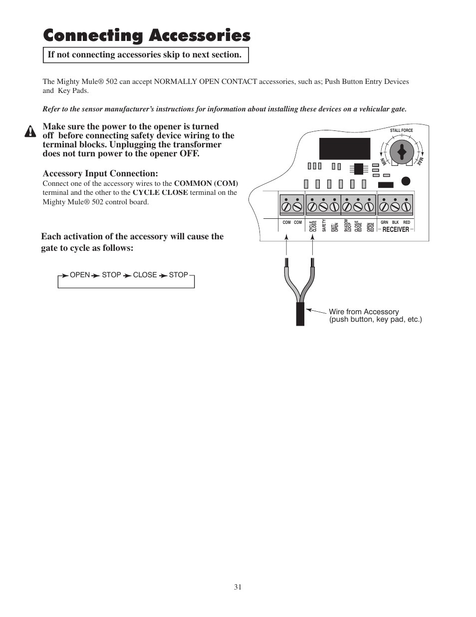 Connecting accessories | Mighty Mule FM502 Green Board User Manual | Page 35 / 44