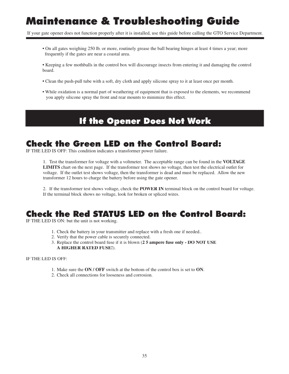 Maintenance & troubleshooting guide, Check the red status led on the control board | Mighty Mule FM502 Green Board User Manual | Page 39 / 44