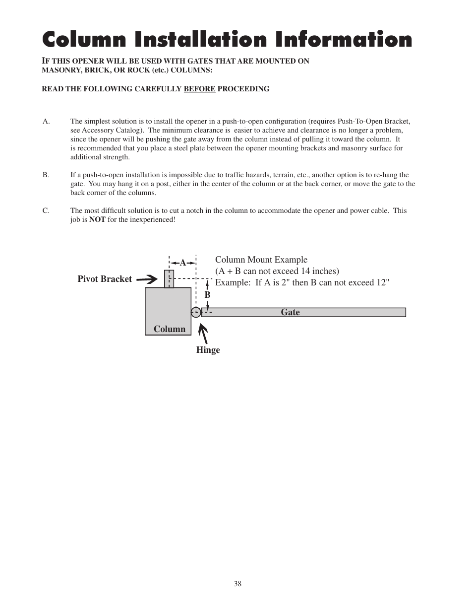 Column installation information | Mighty Mule FM502 Green Board User Manual | Page 42 / 44