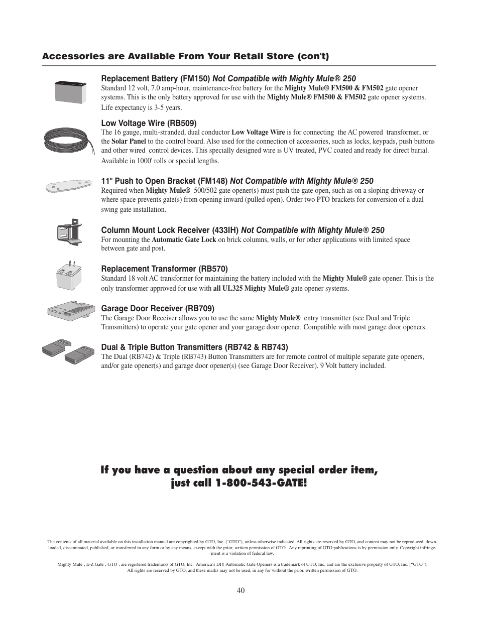 Low voltage wire (rb509), Replacement transformer (rb570), Garage door receiver (rb709) | Mighty Mule FM502 Green Board User Manual | Page 44 / 44
