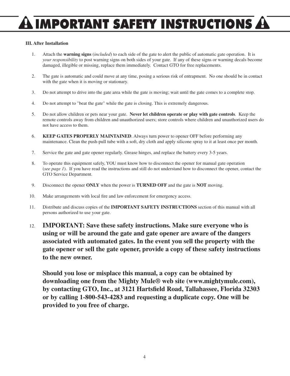 Important safety instructions | Mighty Mule FM502 Green Board User Manual | Page 8 / 44