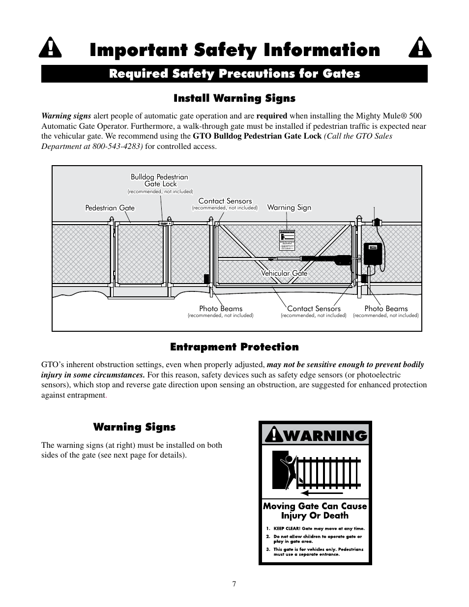 Important safety information, Required safety precautions for gates, Install warning signs | Entrapment protection warning signs | Mighty Mule FM500 Blue Board User Manual | Page 10 / 43