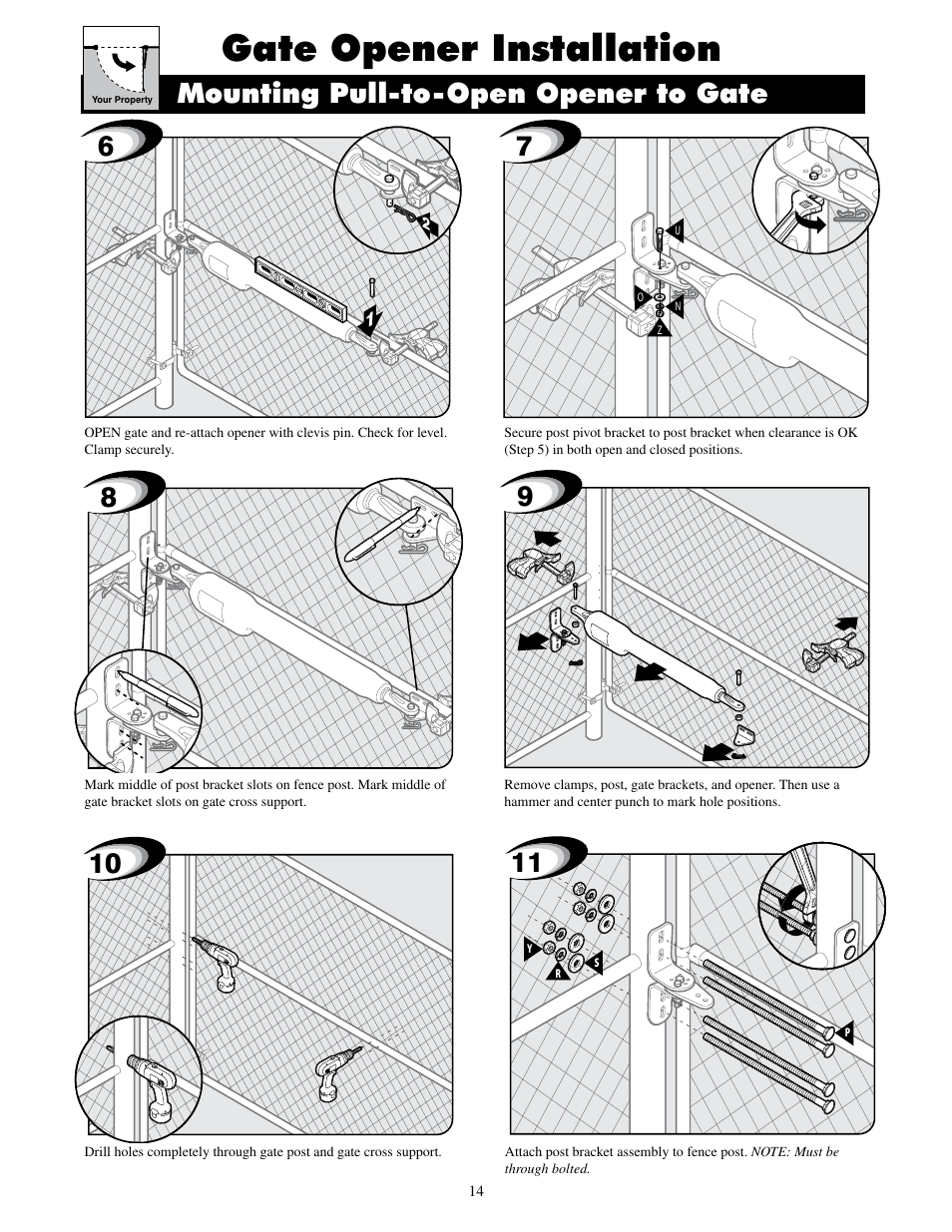 Gate opener installation, Mounting pull-to-open opener to gate | Mighty Mule FM500 Blue Board User Manual | Page 17 / 43