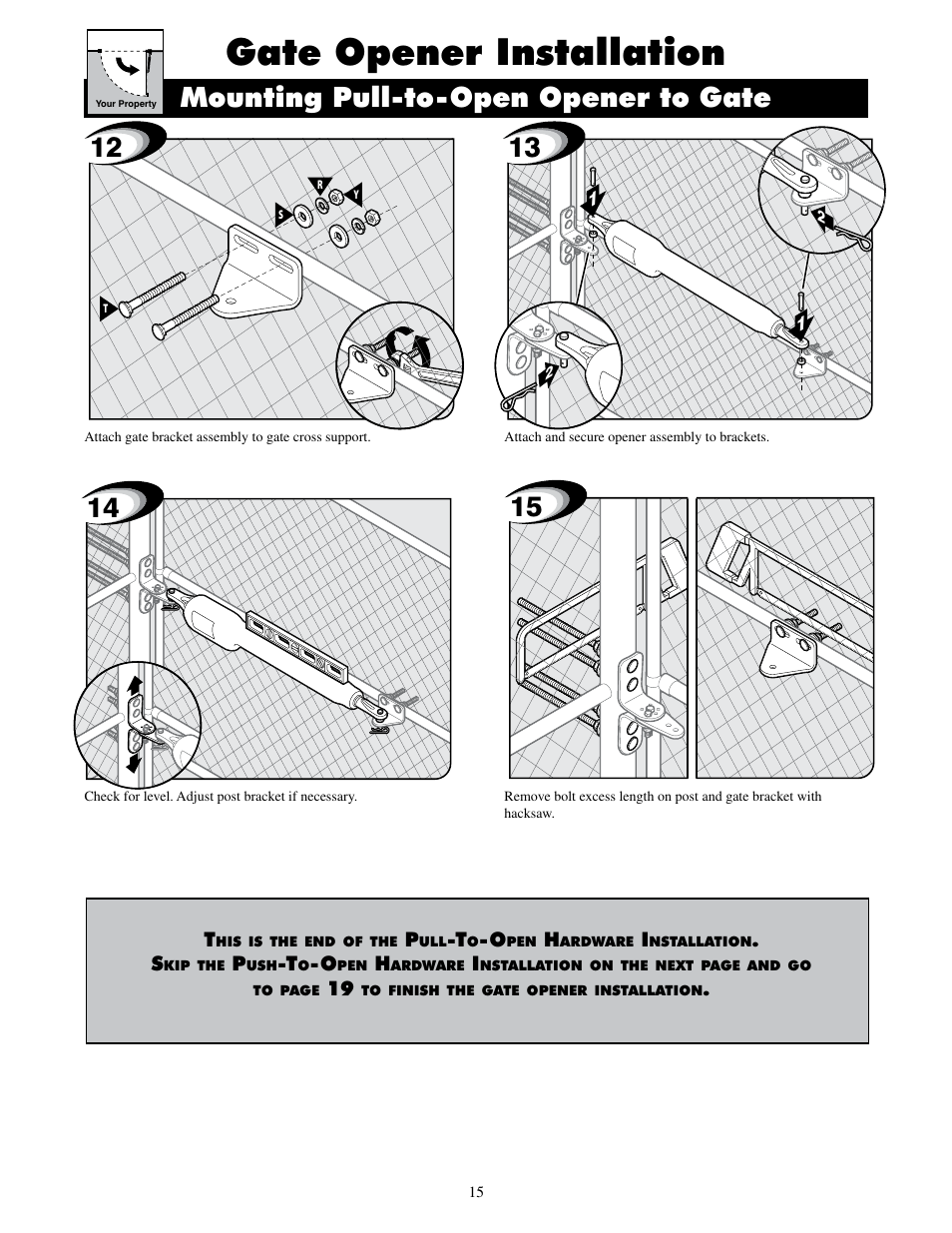 Gate opener installation, Mounting pull-to-open opener to gate | Mighty Mule FM500 Blue Board User Manual | Page 18 / 43