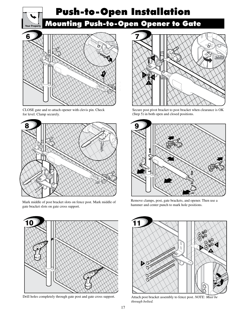 Push-to-open installation, Mounting push-to-open opener to gate | Mighty Mule FM500 Blue Board User Manual | Page 20 / 43