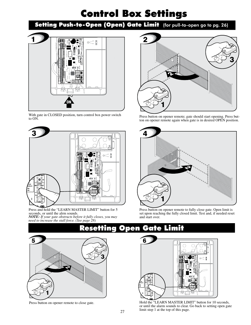 Control box settings, Resetting open gate limit, Setting push-to-open (open) gate limit | For pull-to-open go to pg. 26), Grn blk red, Shadow, Pw r | Mighty Mule FM500 Blue Board User Manual | Page 30 / 43