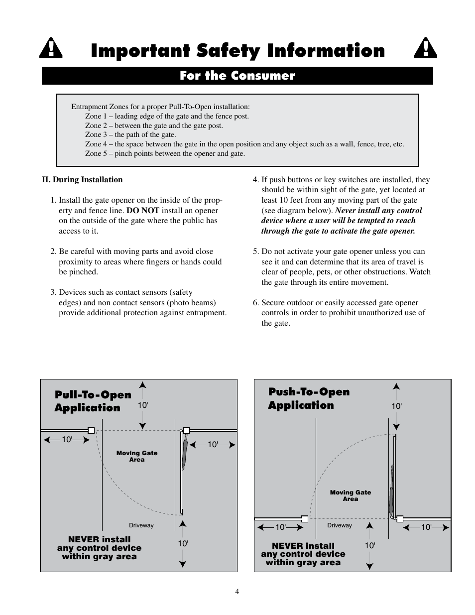 Important safety information, For the consumer, Pull-to-open application push-to-open application | Mighty Mule FM500 Blue Board User Manual | Page 7 / 43