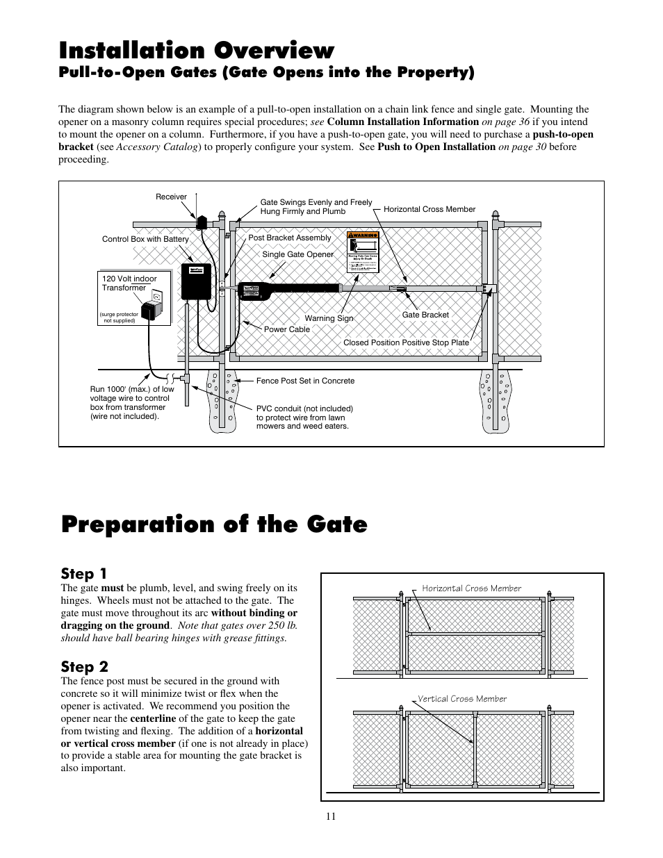Preparation of the gate, Installation overview, Step 1 | Step 2, Pull-to-open gates (gate opens into the property) | Mighty Mule FM500 Green Board User Manual | Page 15 / 42