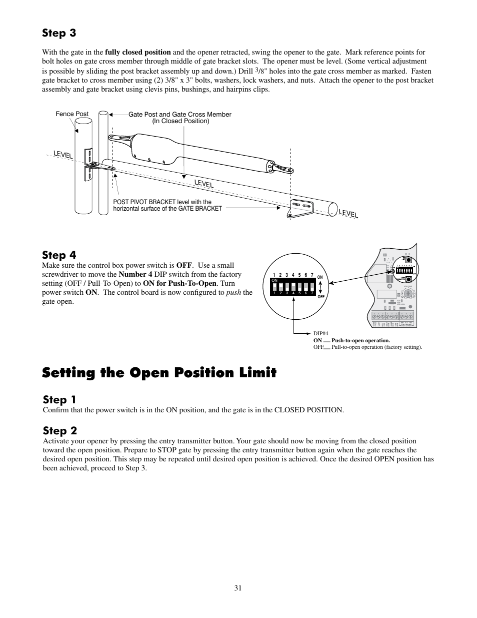 Setting the open position limit, Step 3, Step 4 | Step 1, Step 2 | Mighty Mule FM500 Green Board User Manual | Page 35 / 42