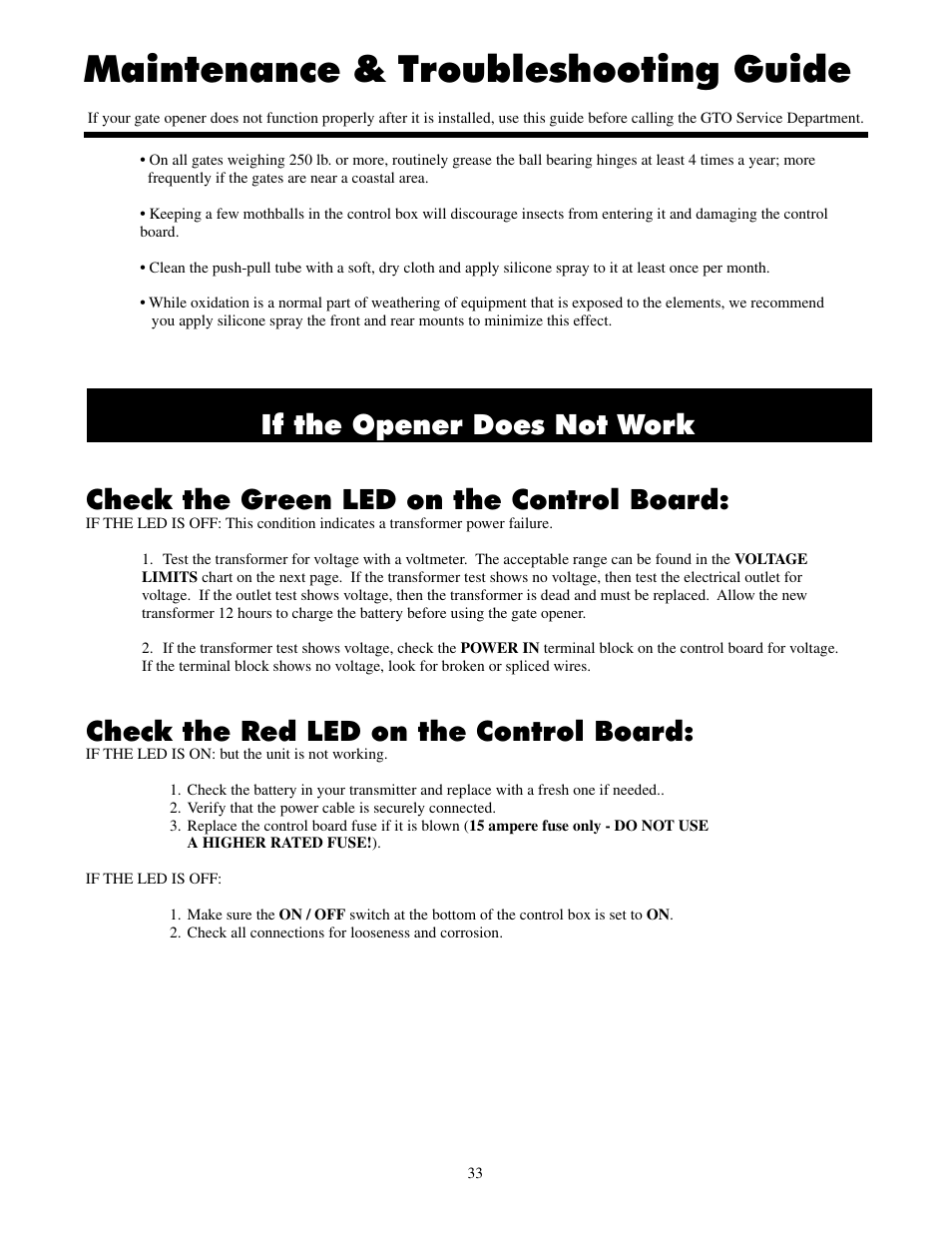 Maintenance & troubleshooting guide, Check the red led on the control board | Mighty Mule FM500 Green Board User Manual | Page 37 / 42