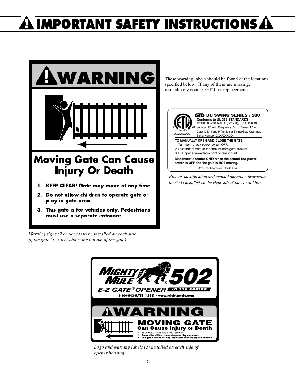 Important safety instructions | Mighty Mule FM502 Dual Swing - Blue Board User Manual | Page 11 / 44