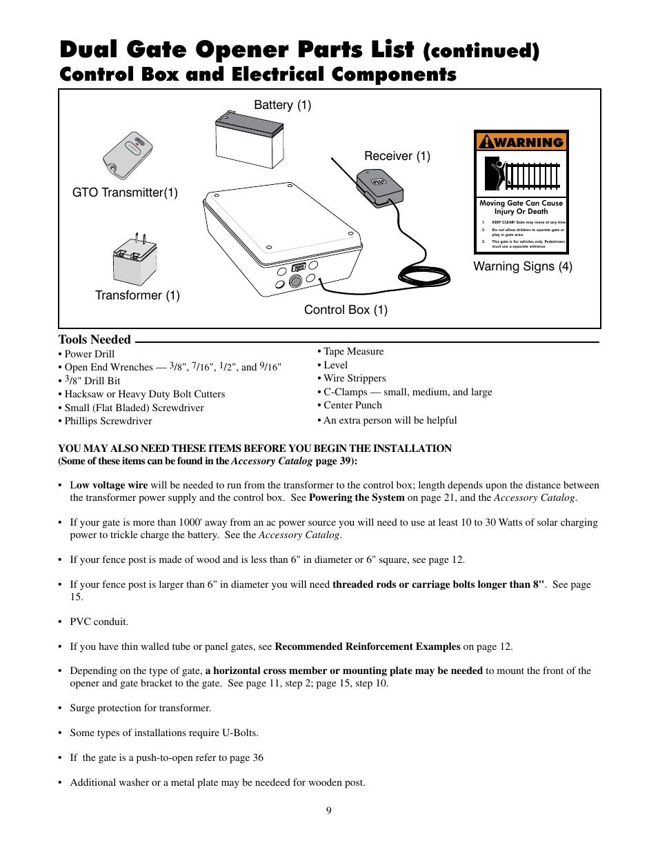Dual gate opener parts list, Continued) control box and electrical components, Tools needed | Warning, Receiver (1) | Mighty Mule FM502 Dual Swing - Blue Board User Manual | Page 13 / 44