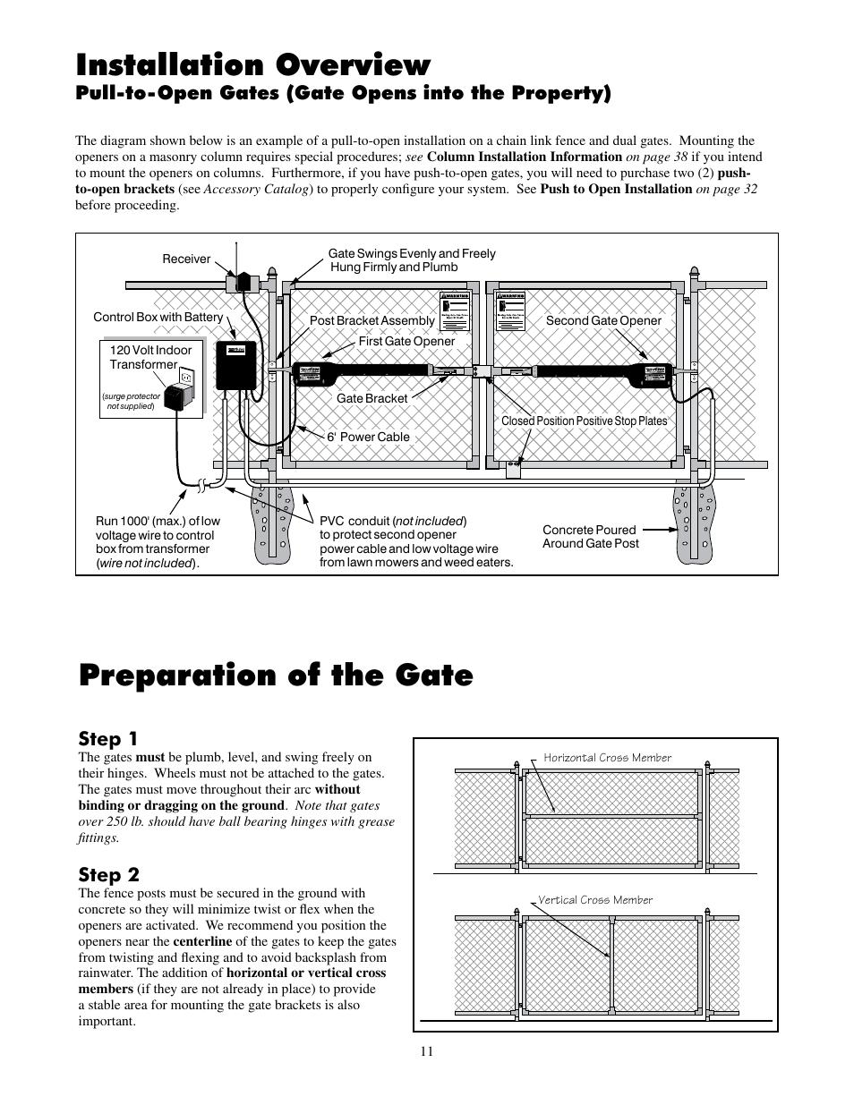 Preparation of the gate, Installation overview, Step 1 | Step 2, Pull-to-open gates (gate opens into the property) | Mighty Mule FM502 Dual Swing - Blue Board User Manual | Page 15 / 44