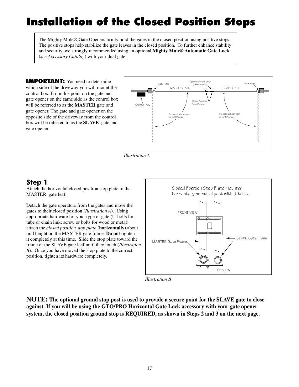 Installation of the closed position stops, Step 1, Important | Mighty Mule FM502 Dual Swing - Blue Board User Manual | Page 21 / 44