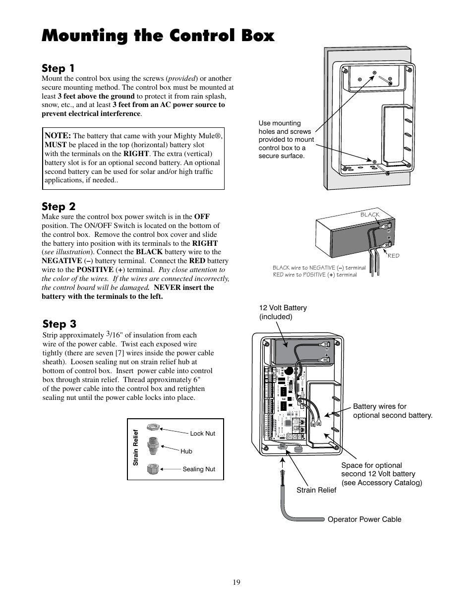 Mounting the control box, Step 2, Step 3 | Step 1 | Mighty Mule FM502 Dual Swing - Blue Board User Manual | Page 23 / 44