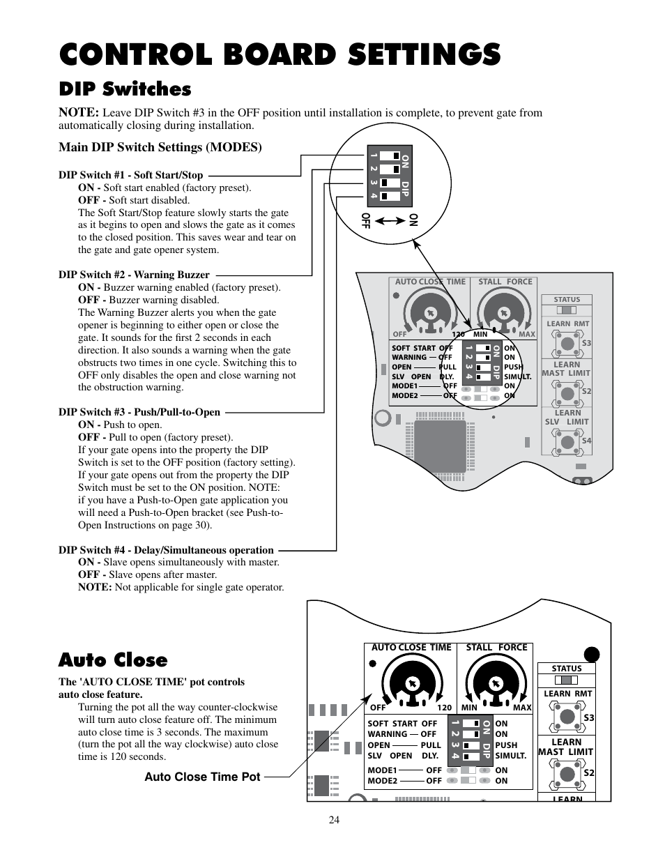 Control board settings, Dip switches, Auto close | Main dip switch settings (modes) | Mighty Mule FM502 Dual Swing - Blue Board User Manual | Page 28 / 44