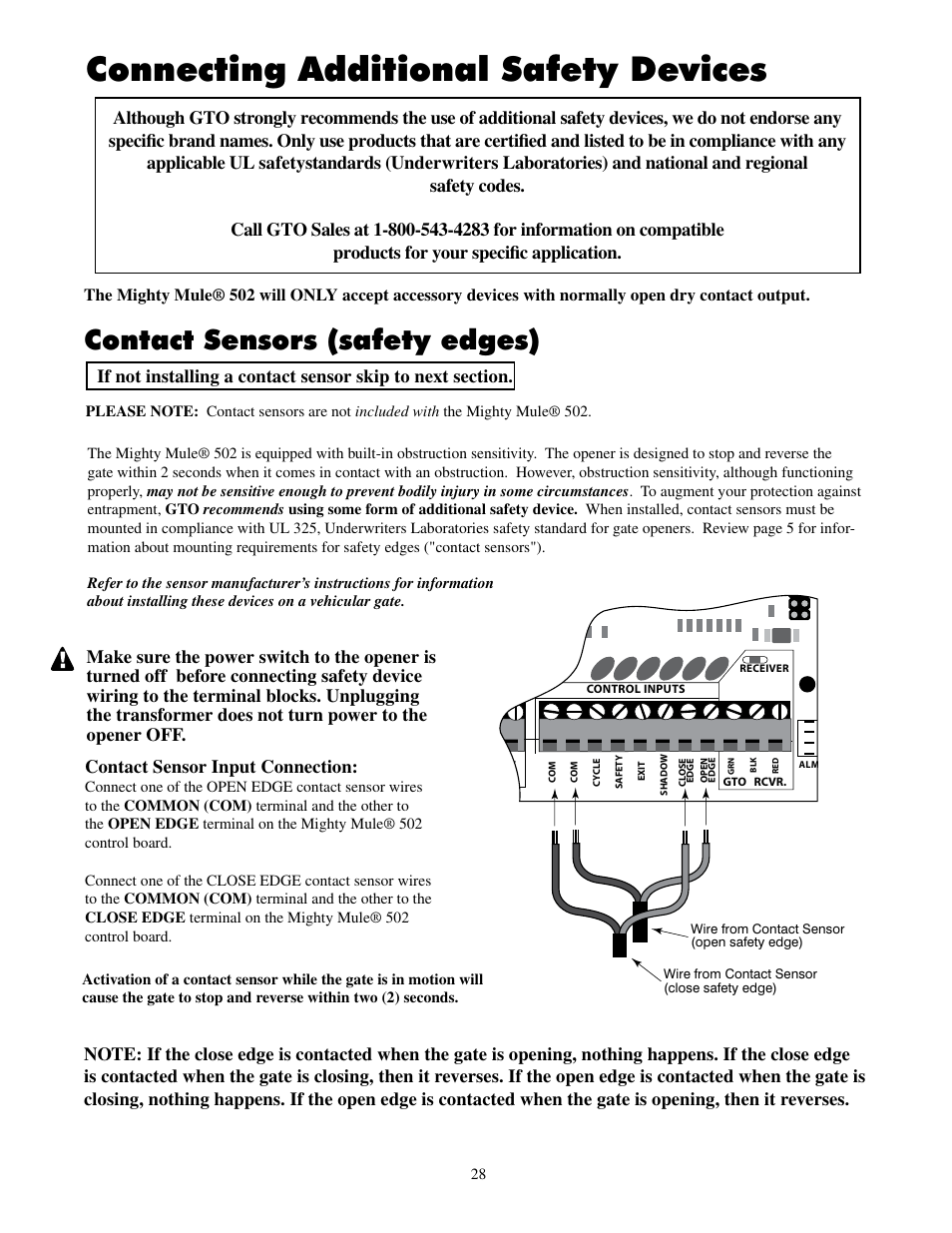 Connecting additional safety devices, Contact sensors (safety edges) | Mighty Mule FM502 Dual Swing - Blue Board User Manual | Page 32 / 44