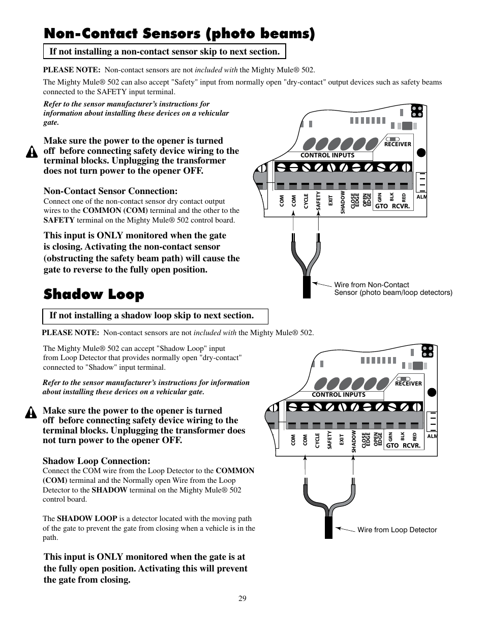 Non-contact sensors (photo beams), Shadow loop | Mighty Mule FM502 Dual Swing - Blue Board User Manual | Page 33 / 44