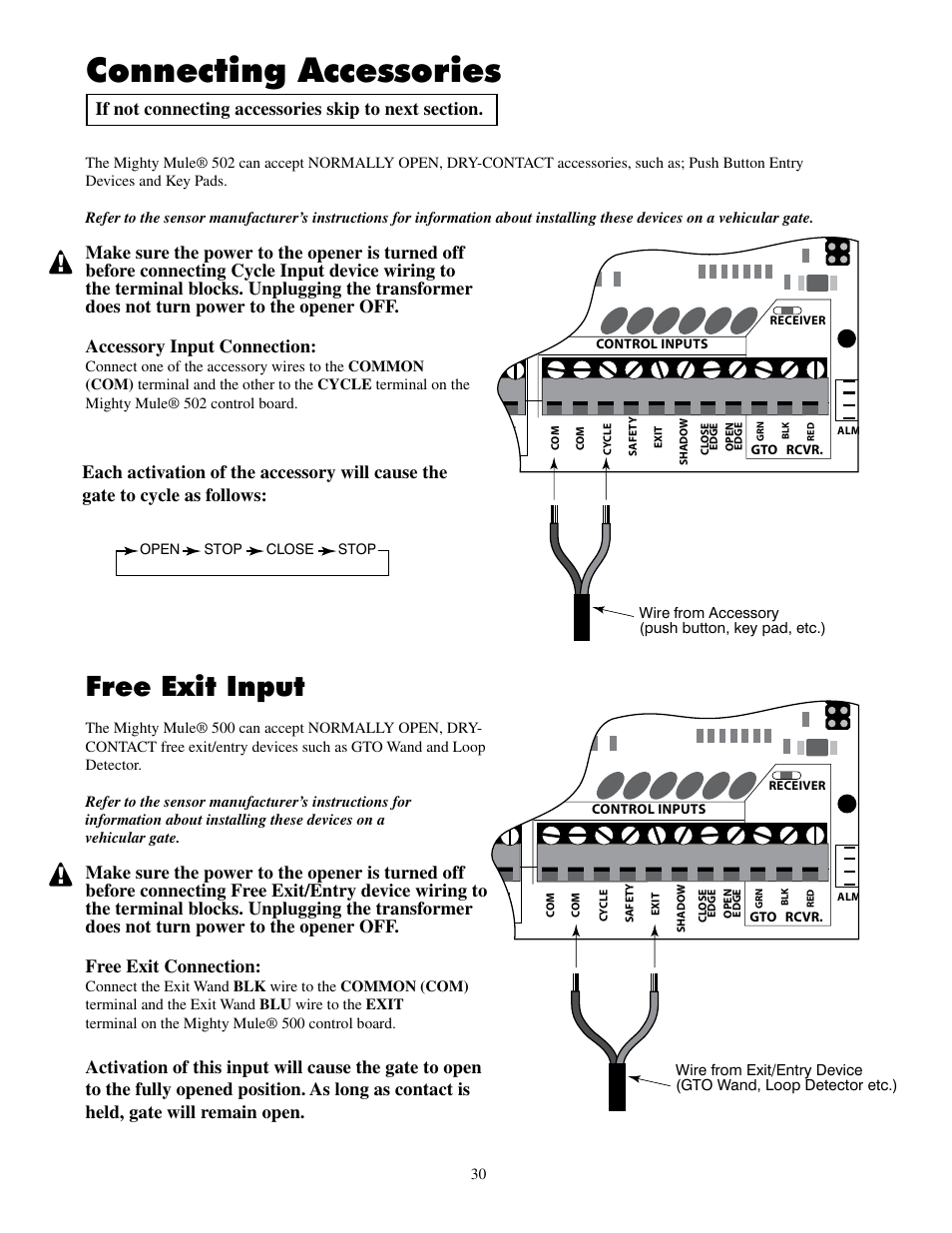 Connecting accessories, Free exit input | Mighty Mule FM502 Dual Swing - Blue Board User Manual | Page 34 / 44