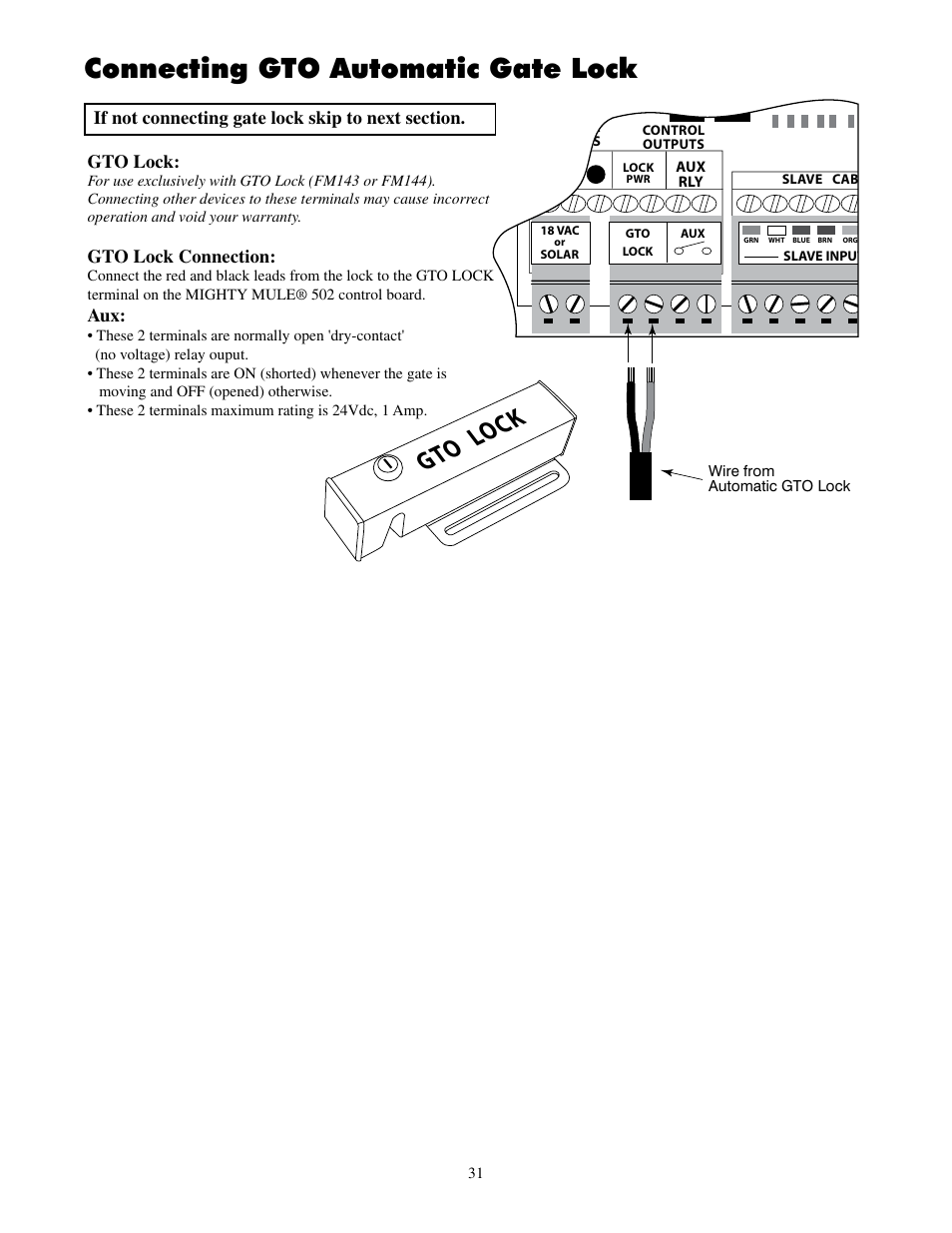 Connecting gto automatic gate lock, Gto lo ck, Gto lock | Gto lock connection | Mighty Mule FM502 Dual Swing - Blue Board User Manual | Page 35 / 44
