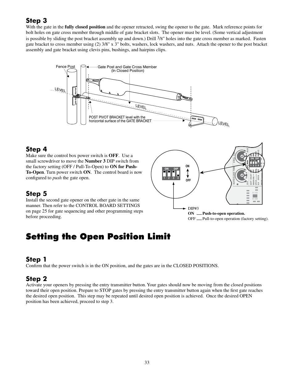 Setting the open position limit, Step 3, Step 4 | Step 1, Step 2, Step 5 | Mighty Mule FM502 Dual Swing - Blue Board User Manual | Page 37 / 44