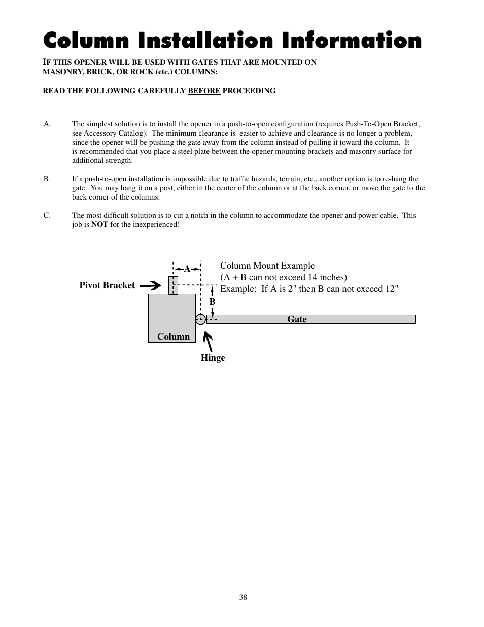 Column installation information | Mighty Mule FM502 Dual Swing - Blue Board User Manual | Page 42 / 44