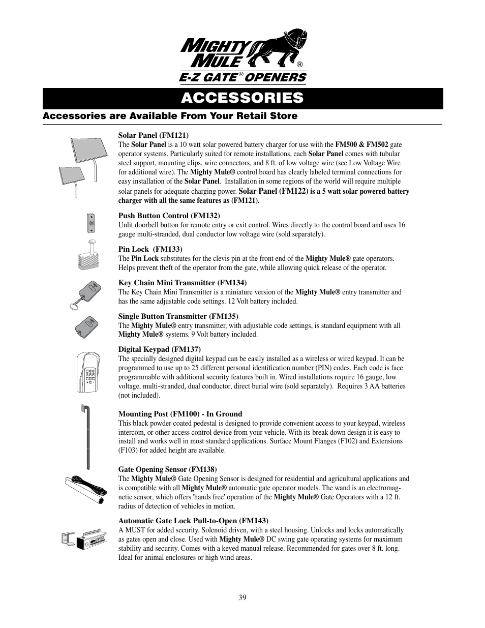 Accessories, E-z gate openers, Accessories are available from your retail store | Solar panel (fm122) | Mighty Mule FM502 Dual Swing - Blue Board User Manual | Page 43 / 44