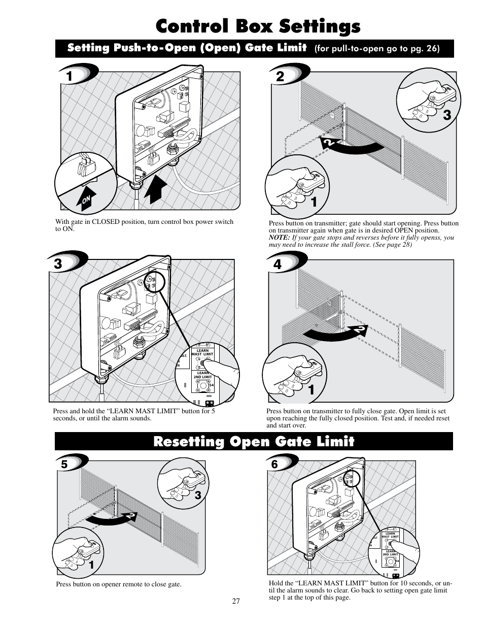 Control box settings, Resetting open gate limit, Setting push-to-open (open) gate limit | Mighty Mule MM600ET-PRO User Manual | Page 30 / 42