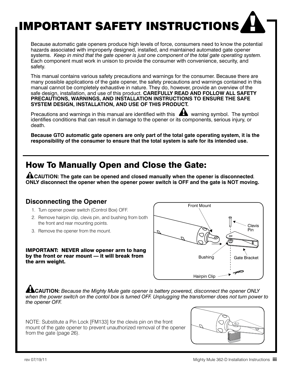 Important safety instructions, How to manually open and close the gate, Disconnecting the opener | Mighty Mule MM362-D User Manual | Page 5 / 36