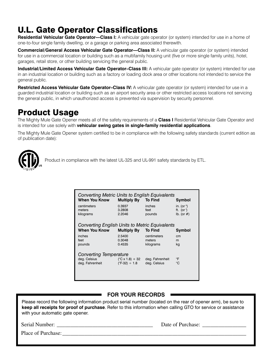 U.l. gate operator classifications, Product usage, For your records | Mighty Mule MM402 User Manual | Page 2 / 36